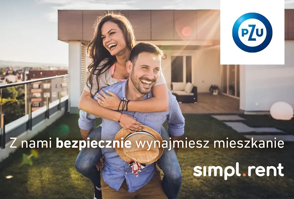 Uśmiechnięta para na tarasie z hasłem „Z nami bezpiecznie wynajmiesz mieszkanie" – współpraca simpl.rent z PZU
